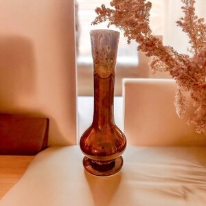 May include: A tall, slender, brown glass vase with a bulbous base and a flared top. The vase has a glossy finish and a textured, speckled pattern near the top. The vase is designed to hold flowers and other decorative items.