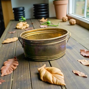 Puede incluir: Una jardinera ovalada de latón vintage con dos asas, colocada sobre una superficie de madera envejecida. La jardinera está rodeada de hojas decorativas y pequeños objetos redondos. El fondo incluye objetos cilíndricos negros y una maceta de terracota.