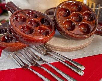 Vintage Brown Ceramic Snail Dish with 6 Holes in its original box - Complete Set of 4 with Snail Forks - Retro Appetizer Server with Handle