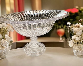 Large Crystal Footed Bowl - Clear Cut Crystal Centerpiece Serving Dish - Elegant Fruit Bowl for Fine Dining