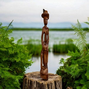 Vintage 15&quot; Tribal Hand-Carved Wood Sculpture of an Old Man