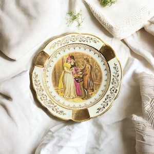 Rare Vintage Viasa Limoges French Porcelain Ashtray, 22k Gold Trimmed Scalloped Edge, Art Painting Collectible