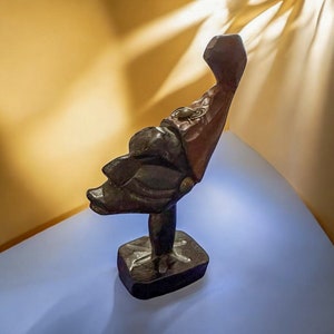 African Carved Wood Woman Sculpture - Two Tone Wood with Metal Jewelry - Handmade Wooden Art for Home Décor