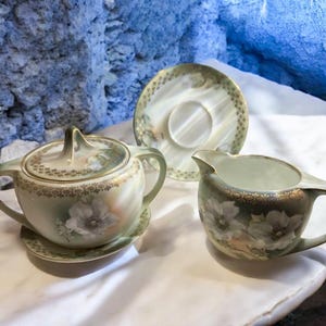 RS Germany Tillowitz Hand Painted Sugar Bowl Creamer Set with Under Plates