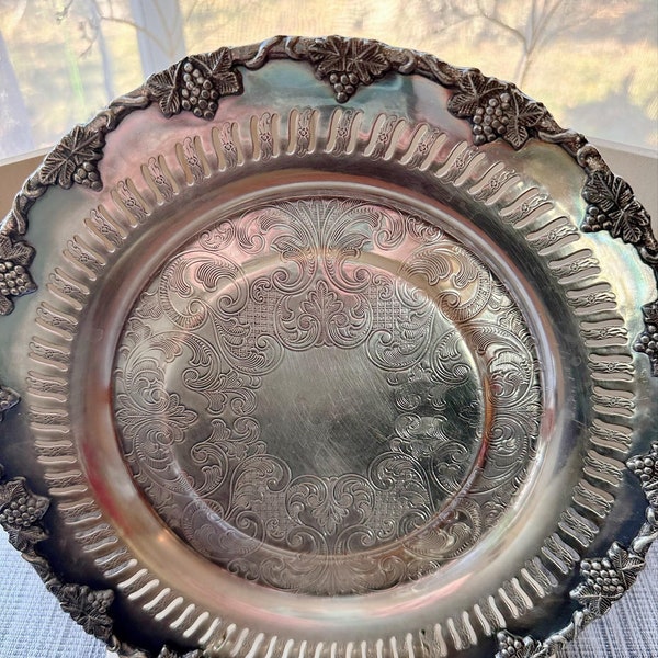 Antique Silver Plated Grape British EP No.3 Tray - Vintage Elegance, Grape Motif Silver Tray for Home Decor and Entertaining