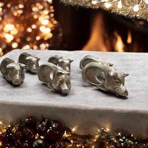 Set of 6 Cast Pewter Pig Napkin Rings – Farmhouse French Country Kitchen Table Décor