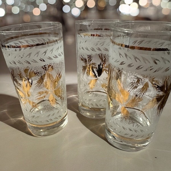 Set of 3 Vintage Highball Glasses - Frosted with Gold Tumblers - Retro Barware Collection