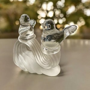 Hand Blown Frosted Crystal Love Birds Sculpture on Wave Branch