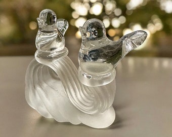 Hand Blown Glass Frosted Crystal Love Birds on Wave Branch Base - Unique Home Decor Accent