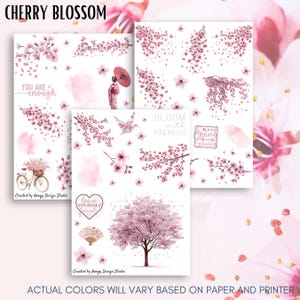 Feuilles d'autocollants imprimables en fleurs de cerisier | Sakura japonais | Fleurs roses | Images traditionnelles et citations inspirantes | Agenda Bujo