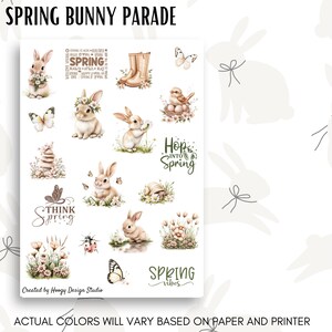 Frühling Bunny Parade druckbare Aufkleber Bogen | Hasen, Blumen, Schmetterlinge & Zitate | Planer Journal Bujo Stickers | Scrapbook-Aufkleber