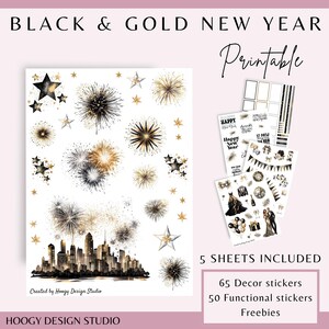 Puede incluir: Conjunto de pegatinas imprimibles de Año Nuevo en negro y dorado. El diseño incluye fuegos artificiales, estrellas y un horizonte de la ciudad. El conjunto incluye 5 hojas con 65 pegatinas decorativas, 50 funcionales y extras.