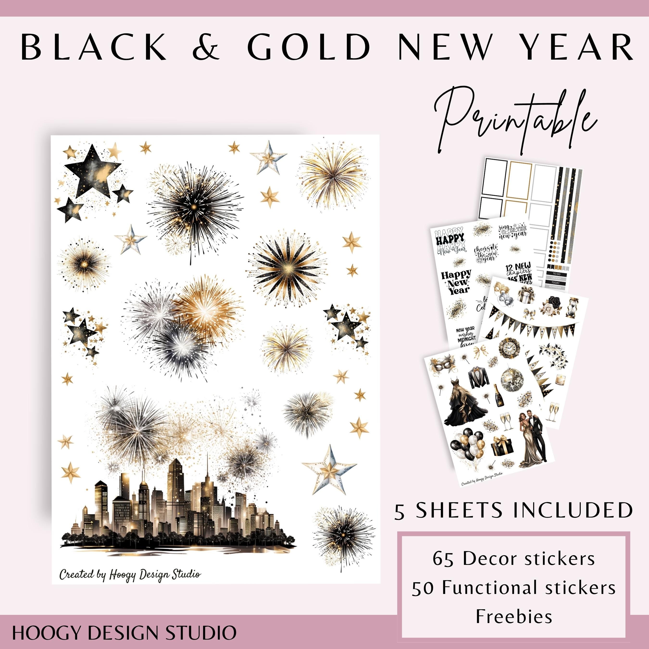 Black and Gold New Year Printable Planner Stickers | Fireworks Party ...