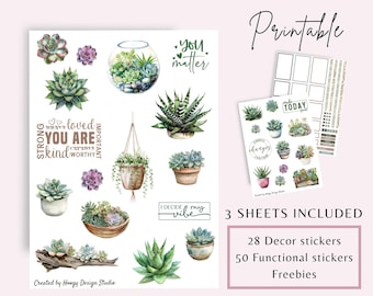Succulent Printable Planner Stickers | Plant Journal Stickers | Functional Planner Sticker Kit | Printable Succulent Sticker Sheets