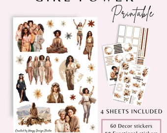 Puede incluir: Un conjunto de hojas de pegatinas imprimibles con el texto "GIRL POWER" y "Printable". El conjunto incluye 4 hojas con 60 pegatinas decorativas, 50 pegatinas funcionales y obsequios. Las pegatinas presentan ilustraciones de mujeres y diseños florales.