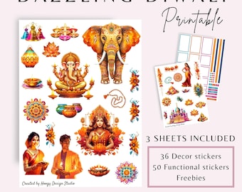 Adesivi stampabili per l'agenda di Diwali / Adesivi per la Festa delle Luci / Kit di adesivi per il diario delle festività indiane