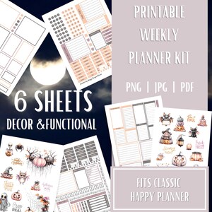 Pacote de adesivos fofos de Halloween | Kit de planejador semanal para impressão | Funcional e decorativo | Planejamento de refeições com escultura de abóbora Filmes de terror