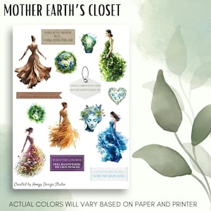 Feuille d'autocollants imprimable pour le placard de la Terre-Mère | Femmes élégantes inspirées de la nature pour le Jour de la Terre | Citations | Stickers Bujo Happy Planner Journal