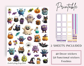 Howl-o-ween Monsters Printable Planner Stickers | Halloween Monster Decor Bundle for Journals and Planners