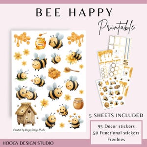 Puede incluir: Un set de pegatinas imprimibles titulado BEE HAPPY que incluye 95 pegatinas decorativas y 50 funcionales en 5 hojas. Los diseños presentan ilustraciones en acuarela de abejas, panales, tarros de miel, flores y una colmena de madera.