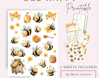 Bee Happy Printable Planner Stickers | Honey Bee Decor Bundle for Journals and Planners