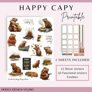 May include: Printable sticker sheet featuring capybaras in various poses, with text that reads "Happy Capy," "Living the Capy Life," and "Keep Calm and Capy On." Includes 17 decor stickers, 50 functional stickers, and freebies.