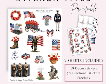 Memorial Day Printable Planner Stickers | Patriotic Tribute Decor Bundle for Journals and Planners
