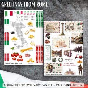 Grüße aus Rom Printable Sticker Sheets | Postkarte Reise und Wahrzeichen Dekor | Italienische Flagge & Essen | Journal Bujo Scrapbook Aufkleber