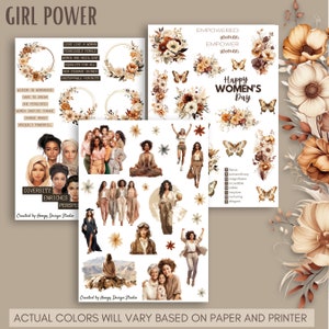 Girl Power Sticker Blätter | Internationaler Frauentag | Vielfältige Frauen & Blumen | Planer Journal Bujo | Scrapbook-Aufkleber