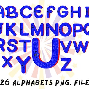26 Patriotic Doodle Alphabet letters, Uppercase Letters PNG, Transparent Background,Individually saved Alpha Pack.