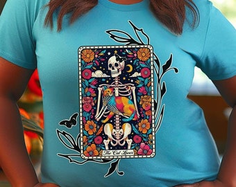 Tarot Cat Lover T-Shirt, Floral Skeleton Holding Cat Tee, Mystical Halloween Tarot Shirt, Witchy Cat Graphic, Spooky Gothic Cat Lover Design