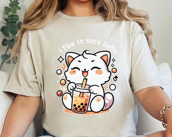 Camiseta con la frase "Me gusta chupar bolas de Boba", linda camiseta de gatito kawaii, regalo para amantes del té Boba, camiseta de gato con té Boba con leche, perla de tapioca con té de burbujas kawaii