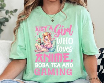 Solo una chica que ama el anime, camiseta de té Boba y juegos, camiseta de manga, camiseta de amante japonesa, camiseta de anime, camiseta de manga, camiseta de anime, chica de anime