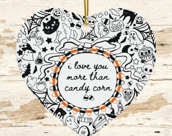 Adorno de corazón de Halloween - Mega Doodle / Te quiero más que a las palomitas de maíz / Lindo regalo espeluznante / Decoración de Halloween con calavera de murciélago y calabaza fantasma Doodle
