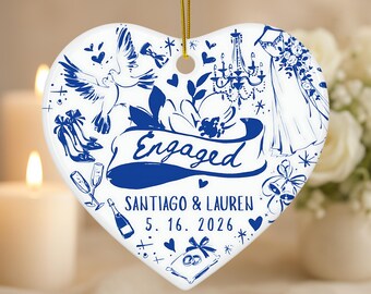 Regalo para parejas comprometidas - Adorno de compromiso personalizado - Nombre y fecha personalizados - Recuerdo de fiesta de anuncio de boda personalizado con dibujo de Mega Doodle