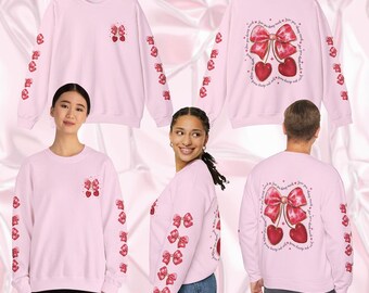 Sudadera con la frase "Te amo, cereza", cerezas, corazones y lazos por todas partes, camiseta divertida, suéter con juegos de palabras, juegos de palabras con frutas, lindo regalo para el día de San Valentín