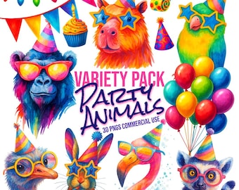 Paquete de imágenes prediseñadas de animales de fiesta únicos: acuarela vibrante, paquete variado de animales con gafas y sombreros, invitaciones de cumpleaños y manualidades.