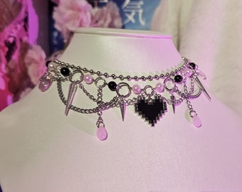 Alternative "Anomaly" Necklace Choker Pink Heart Pixel Gaming Spike Goth Alternative Jewellery Jewelry Handmade