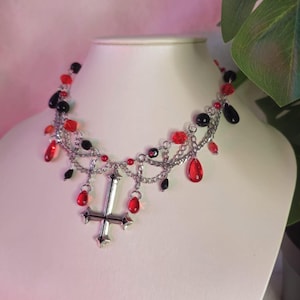 Alternative &quot;Scarlet Sacrilege&quot; Necklace Inverted Cross Red Droplet Blood Gothic Goth