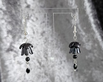 Black Flower Drop Earrings Goth Gothic Alternative Handmade Prom