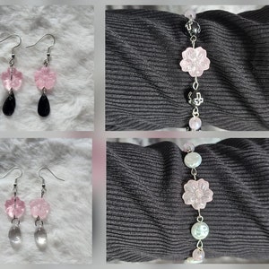 Sakura Pink Black Cherry Blossom Japanese Spring Bracelet Earring Set Anime