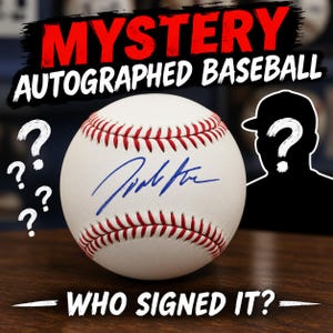 May include: A white baseball with red stitching and a blue ink autograph. The text MYSTERY AUTOGRAPHED BASEBALL and WHO SIGNED IT? appear alongside white question marks and a black silhouette of a person with a question mark on the head.