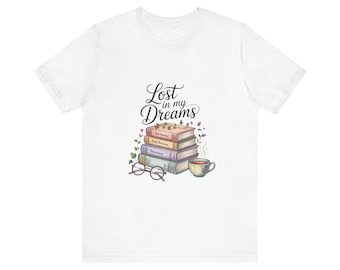 Book Lover Unisex Tee – Stacked Books and Cozy Cup Illustration