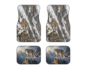 Snow Leopard Car Floor Mats | Mountain Adventure Animal Print Car Accessories | Wildlife Lover Gift | 4-Piece Universal Fit Car Mats Set