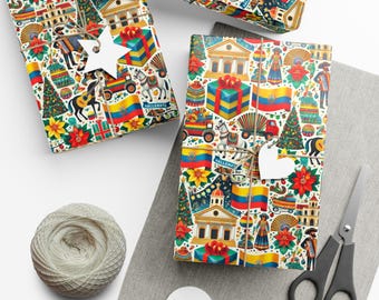 Colombian Christmas Gift Wrapping Paper | Flags, Accordions, Poinsettias