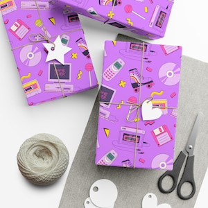 90s Inspired Gift Wrapping Paper | Vibrant Retro Design with Cassette Tapes, Roller Skates, and Floppy Disks | Perfect for Nostalgic Gifts