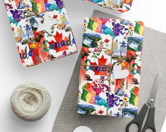 Canada Wrapping Paper | Canadian Landmarks, Maple & Wildlife Watercolor Gift Wrap | Unisex Canadian Present