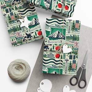 Washington Gift Wrapping Paper | Mount Rainier, Space Needle, Orcas, Apples and Icons | Unique Wrap for Local Gifts and Grunge Music Fans
