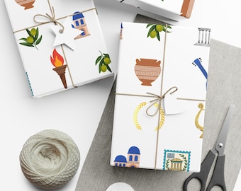 Carta da regalo greca / Confezione per anfore / Arte dell'antica Grecia / Santorini blu e bianco / Stampa con ramo d'ulivo