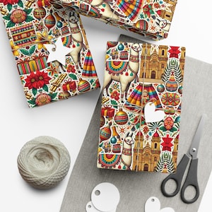 Peruvian Inspired Christmas Gift Wrapping Paper Festive Design with Llamas Traditional Textiles Poinsettias Cultural Elements